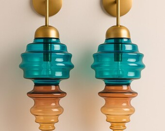 Handblown Art Glass Wall Sconces – Colorful Ribbed Design, Brass Mount (Set of 2)
