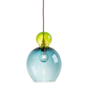 Handcrafted glass pendant light in elegant green and turquoise tones, made by artisans using blown glass for vibrant and modern home