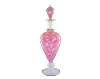 Pink Etched Glass Pitcher – Handblown Floral Decanter, Artisan Glassware