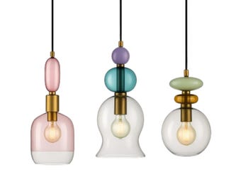 Hand-Blown Glass Pendant Lights, Modern Colorful Design, Set of 3