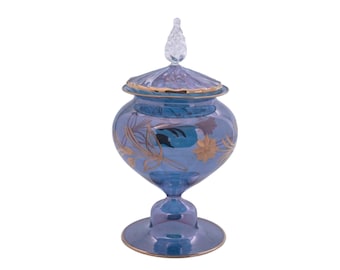 Handblown Blue Glass Candy Jar – Gold Floral Engraving, Decorative Centerpiece