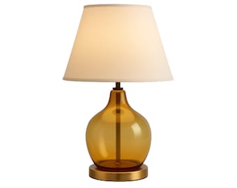 Handblown Amber Glass Table Lamp – Brass Base, Linen Shade