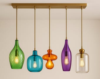 Handmade Brass Chandelier | Multi-Colored Blown Glass, Artistic Pendant Light