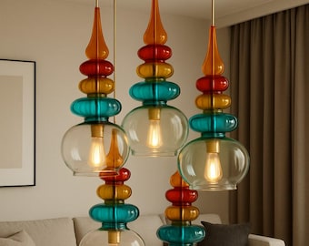 Hand Blown Glass Pendant Chandelier, Amber, Red, Turquoise, Modern Lighting