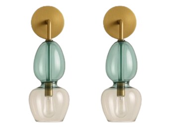 Handblown Glass Wall Sconces – Turquoise & Amber Art Lighting, Brass Mount (Set of 2)