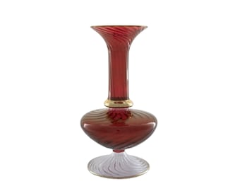 Hand-blown Red Glass Vase – Swirled Base, Flared Neck, Artisan Décor