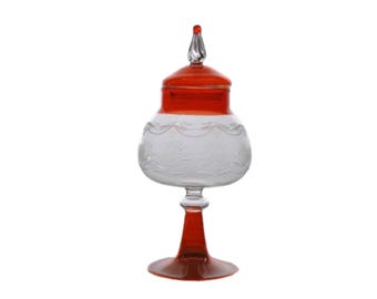 Handblown Etched Glass Candy Jar with Orange Lid – Pedestal Design