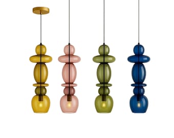 Hand-Blown Glass Pendant Light, Amber, Teal, Pink & Olive, Modern Design