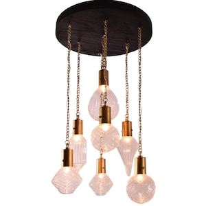 Handcrafted wood and glass chandelier with artisan-blown pendants, modern lighting centerpiece for dining or high-ceiling interiors-Light