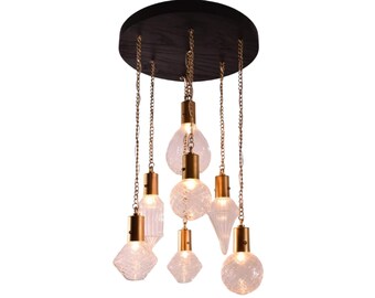 Handcrafted Wood Chandelier with Hand-Blown Glass Pendants