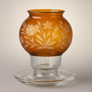 Amber Etched Glass Candle Holder Vase – Vintage Floral Hurricane Lantern for Elegant Home Decor, Ambient Lighting, or Table Centerpiece