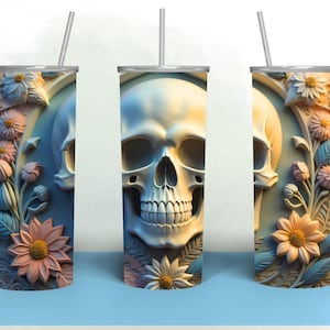 3D skull with flowers – tumbler wrap