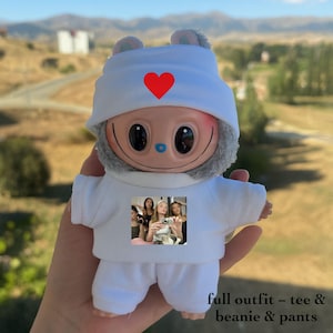 Custom Outfit for Labubu, Personalized T-shirt and Beanie Set for Dolls with Your Text or Logo, Doll Clothing for 15-20cm