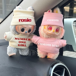 Labubu Custom Clothes, Personalized Beanie and Tee Outfit for La Bubu, Doll Clothes With Custom Name Logo, La Bubu Hat Set For V1,V2,V3