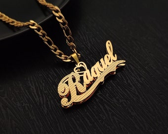 Benutzerdefinierte Namen Halskette, 3D Doppel Name Schmuck, Gold Name Halskette mit Figaro Kette, personalisierte Halskette für Frauen, Muttertag Geschenk