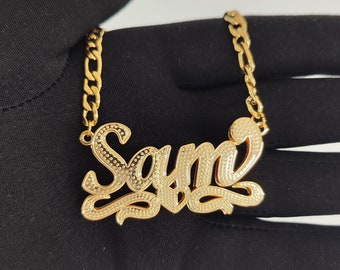 Personalisierte Doppelplatte 3D Namenskette Gold, Figaro Kette, Namenskette, Doppelplatte Halskette, Personalisierter Schmuck Geschenk, Namensschild Halskette