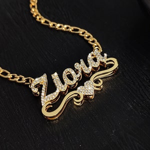 Custom Double Plate Diamond Heart Name Necklace, Bling Nameplate Necklace, Custom Name Jewelry, Women Necklace, Personalized Gift For Her