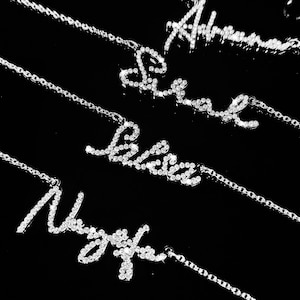Custom Silver Name Necklace with Diamond, Crystal Cursive Necklace, Personalized Women Necklace, Bling Pendant Necklace, Mother&#39;s Day Gift