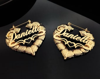 Herz Bambus Ohrringe, Name Ohrringe, Herz Bambus Creolen, Gold Name Ohrringe, Name Creolen, personalisierte Ohrringe, Geschenk für sie