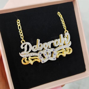 Collier de nom personnalisé, Nacklace de pierre de naissance, collier de plaque de nom personnalisé, collier plaqué double 3D, collier de nom de deux tons, cadeau pour elle