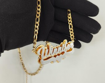 Benutzerdefinierte Namenskette, personalisiertes Schmuck, doppeltes Namensschild, 3D-Name zweifarbige Halskette, Geschenk für sie, 18K füllende Namensschild-Halskette