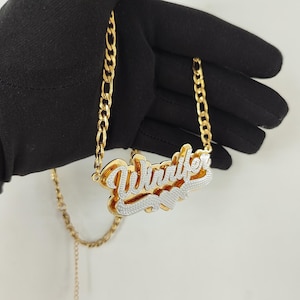 Custom Nameplate Necklace, Personalized Jewerly, Double Name Plate, 3D Name Two Tone Necklace, Gift For Her, 18K Filling Nameplate Necklace