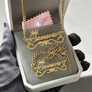 Collana con nome personalizzato, Ciondoli con nome, Collana personalizzata per donne/uomini, Gioielli con nome personalizzato, Collana con lettere d&#39;oro con corona, Regalo per lei