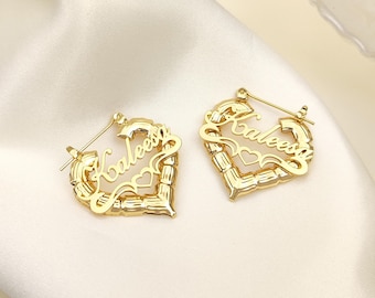 Personalisierte Name Herz Bambus Ohrringe, Benutzerdefinierte Name Ohrringe, Baby Name Ohrringe, 18K Gold Name Schmuck, Ohrringe für Baby, Geschenk für Kinder