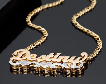 Custom Double Plate Two Tone Heart Name Necklace, Double Name Plate, Custom Nameplate Necklace, Gold Name Necklace, Personalized Jewelry