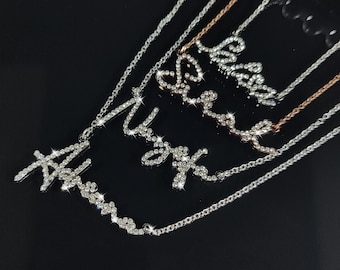 Custom Diamond Name Necklace, Personalized Name Necklace, Crystal Necklace, Women Bling Name Necklace, Nameplate Necklace, Mother's Day Gift