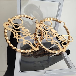 Personalized Nameplate Hoop Earrings: Custom Name Earrings Gold, Bamboo Hoops, Women Jewelry Gift image 9