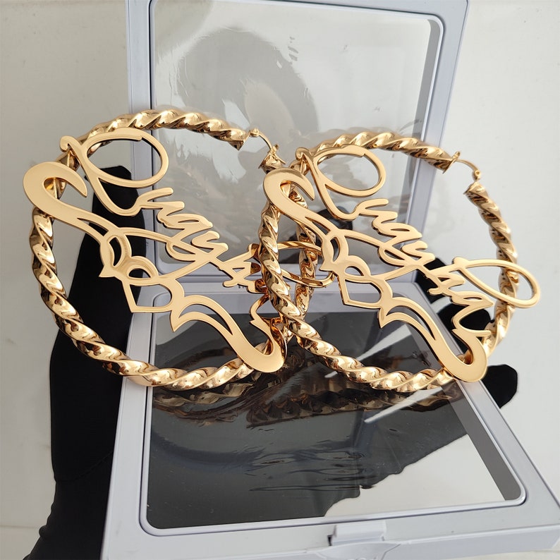 Personalized Nameplate Hoop Earrings: Custom Name Earrings Gold, Bamboo Hoops, Women Jewelry Gift image 9