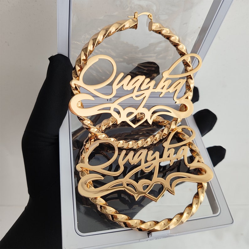 Personalized Nameplate Hoop Earrings: Custom Name Earrings Gold, Bamboo Hoops, Women Jewelry Gift image 3