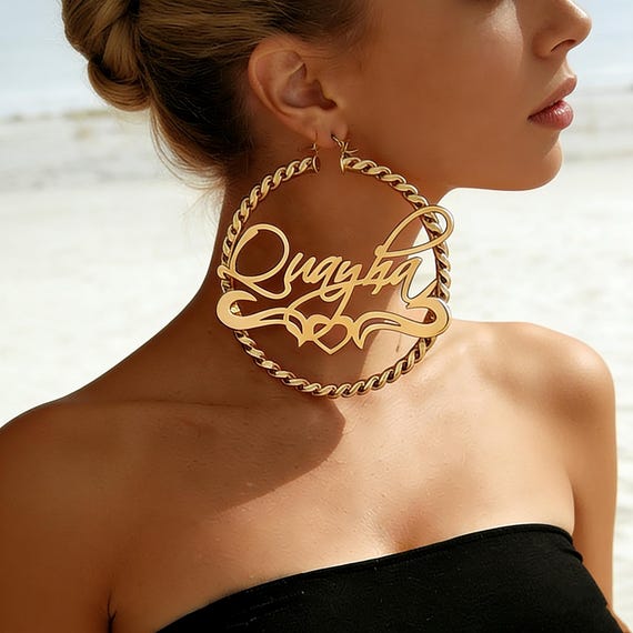 Personalized Nameplate Hoop Earrings: Custom Name Earrings Gold, Bamboo Hoops, Women Jewelry Gift