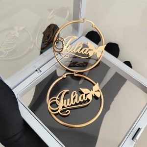 Custom Hoop Earrings, Name Hoop Earrings, Personalized Name Earrings, Name Earrings With Butterfly, Women Name Earrings, Nameplate Jewelry