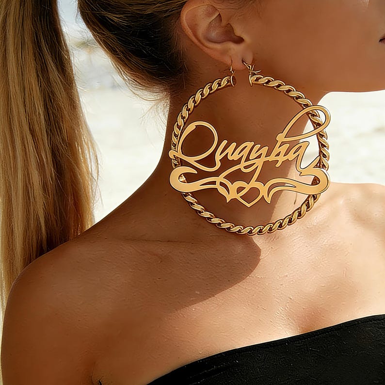 Personalized Nameplate Hoop Earrings: Custom Name Earrings Gold, Bamboo Hoops, Women Jewelry Gift image 2