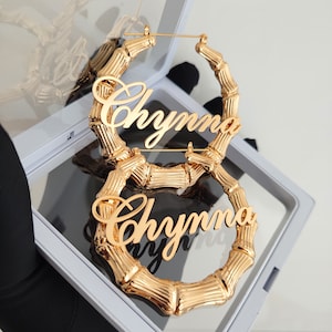 Custom Name Bamboo Earrings, Bamboo Hoop Earrings, Personalized Name Earrings, Gold Bamboo Earrings, Women Name Earring, Custom Jewelry Gift