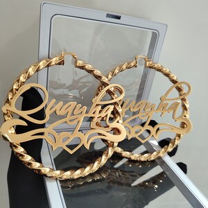 Personalized Nameplate Hoop Earrings: Custom Name Earrings Gold, Bamboo Hoops, Women Jewelry Gift image 4