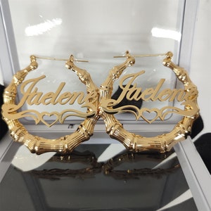 Custom Bamboo Earrings, Name Bamboo Earrings, Personalized Nameplate Earrings, Hoop Name Earrings, Name Earrings Gold, Women Name Jewelry