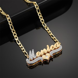 Custom Nameplate Necklace, Nameplate Necklace, 3D Name Necklace, Double Name Plate, Two Tone Necklace, Figaro Chain, Heart Name Necklace