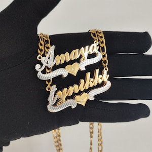 Custom Nameplate Necklace, Personalized Name plate Necklace, 3D Double Plate Two Tone Necklace, Gold Plated Name Nacklace, Gift For Her