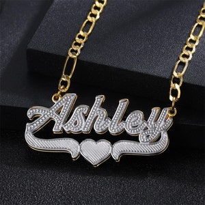Custom Nameplate Necklace, 18K Gold Filled Nameplate Necklace, 3D Name Necklace Jewelry, Double Name Plate, Two Tone Necklace, Name Necklace