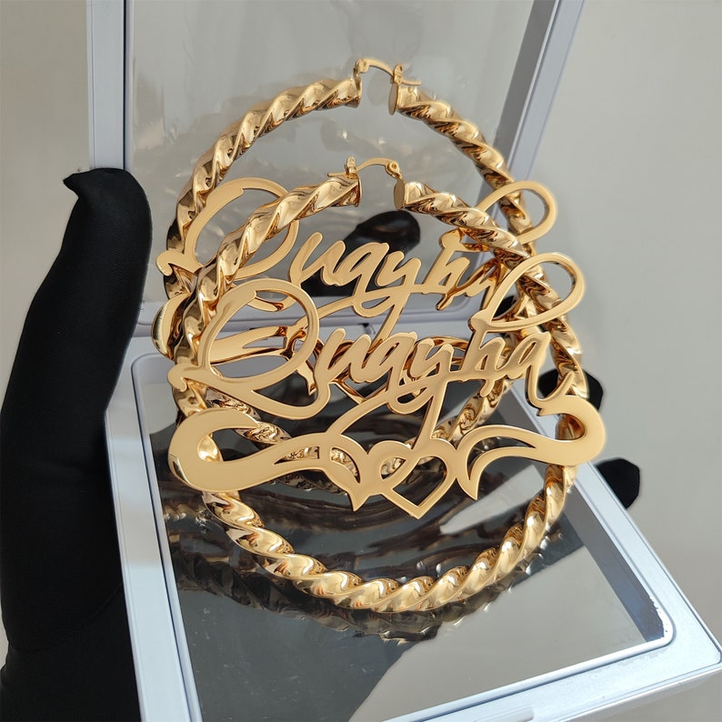 Personalized Nameplate Hoop Earrings: Custom Name Earrings Gold, Bamboo Hoops, Women Jewelry Gift image 8