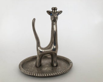 Vintage with silver finish 'Giraffe' Ring Stand, Holder on 'etched' tray - with blue rhinestone crystal eyes!