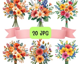 Watercolor Flower Bouquet Clipart, Floral Arrangement Illustration, Wedding Bouquet Digital Download, 20 JPG