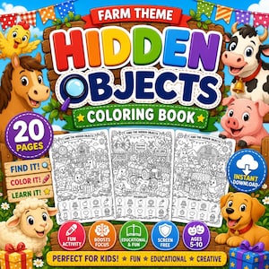 May include: A farm-themed hidden objects coloring book cover featuring a colorful title, cartoon animals including a chicken, horse, cow, pig, sheep, and dog, and three black and white activity page previews with vocabulary lists and icons.
