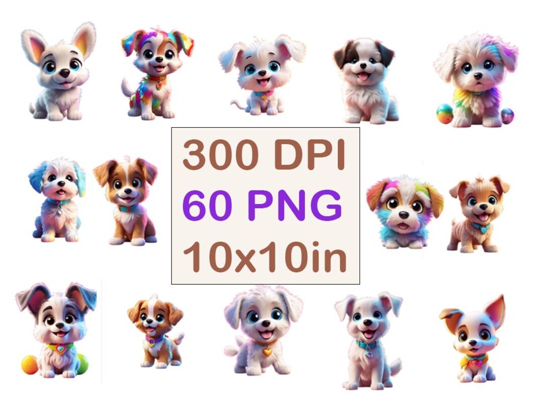 Adorable Digital Puppy Clipart Bundle | 60 PNG Files Cute Cartoon Dog ...