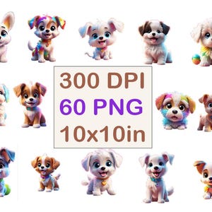 Adorable Digital Puppy Clipart Bundle | 60 PNG Files Cute Cartoon Dog Illustrations for Crafting, T-Shirts, and More
