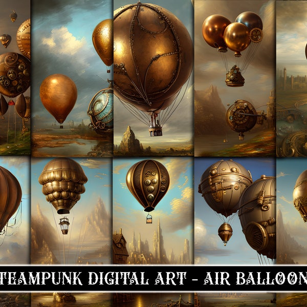 Steampunk Digital Background Paper Pack Air Balloons - High-Quality Authentic Clipart Images