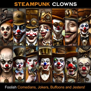 Pacote de papel de fundo digital Steampunk Clowns - imagens autênticas de alta qualidade para scrapbooking e diários indesejados
